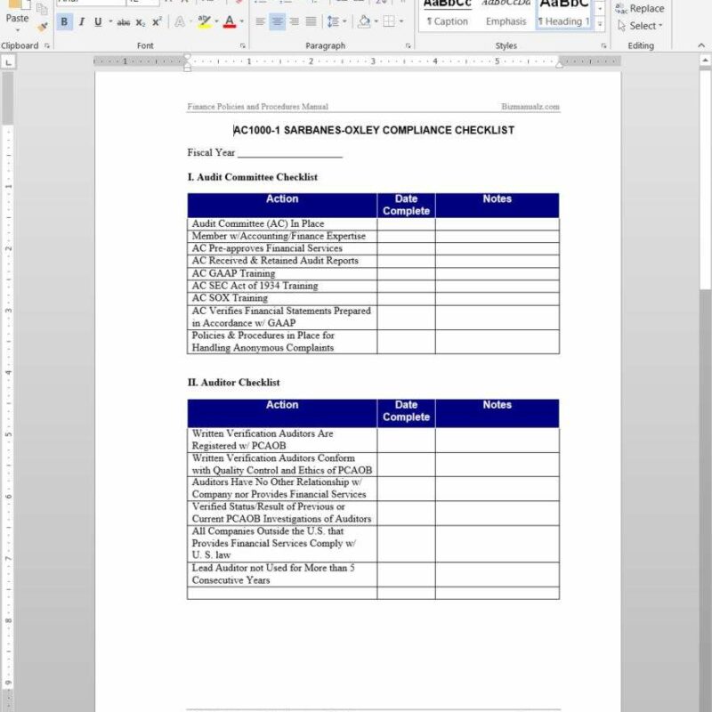 AC1000-1 Sarbanes-Oxley Compliance Checklist Template