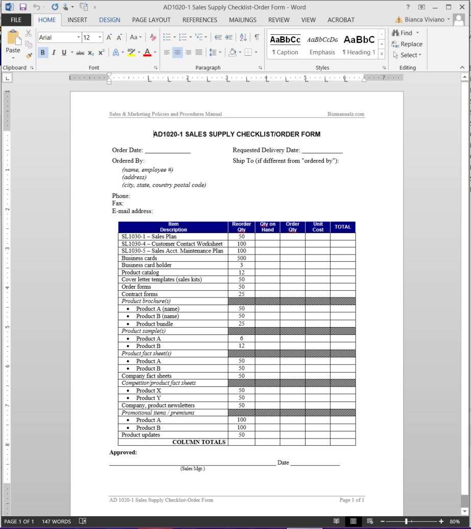 Supply Order Form Template from www.bizmanualz.com