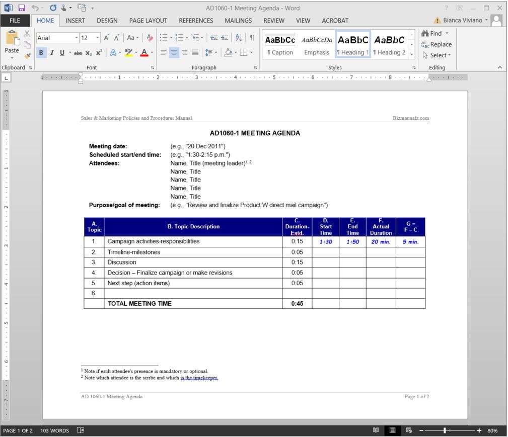 Cool Agenda Template from www.bizmanualz.com