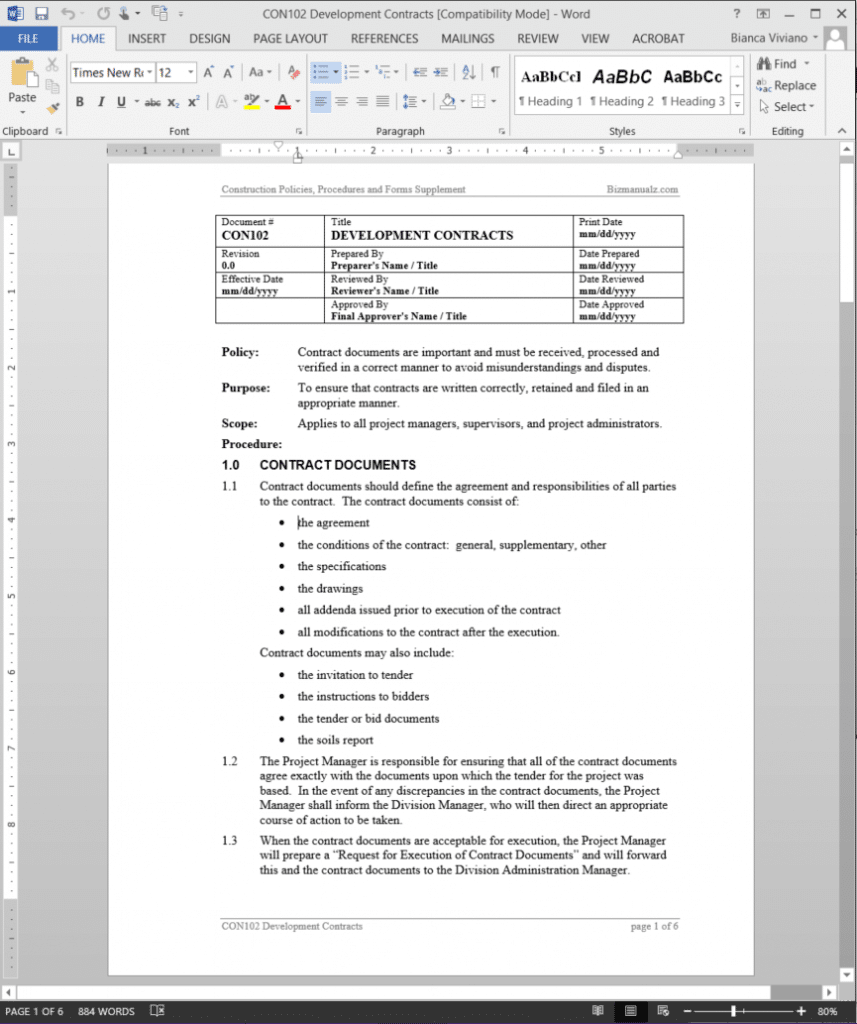 Construction Development Contracts Procedure Template Word
