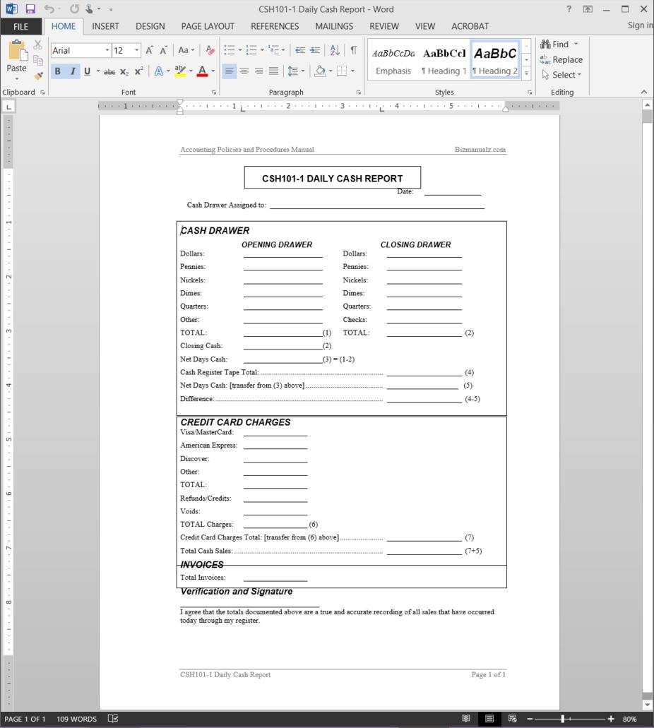 Daily Cash Report Template  CSH22-22 Throughout End Of Day Cash Register Report Template