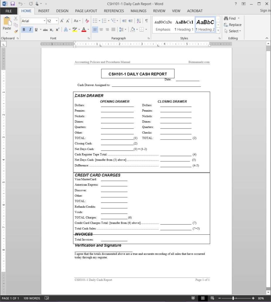 End Of Day Cash Register Report Template Free Printable Templates