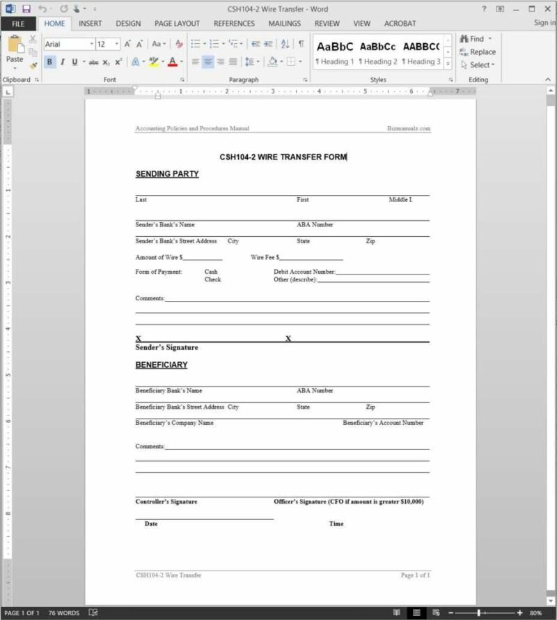 Wire Transfer Request Template