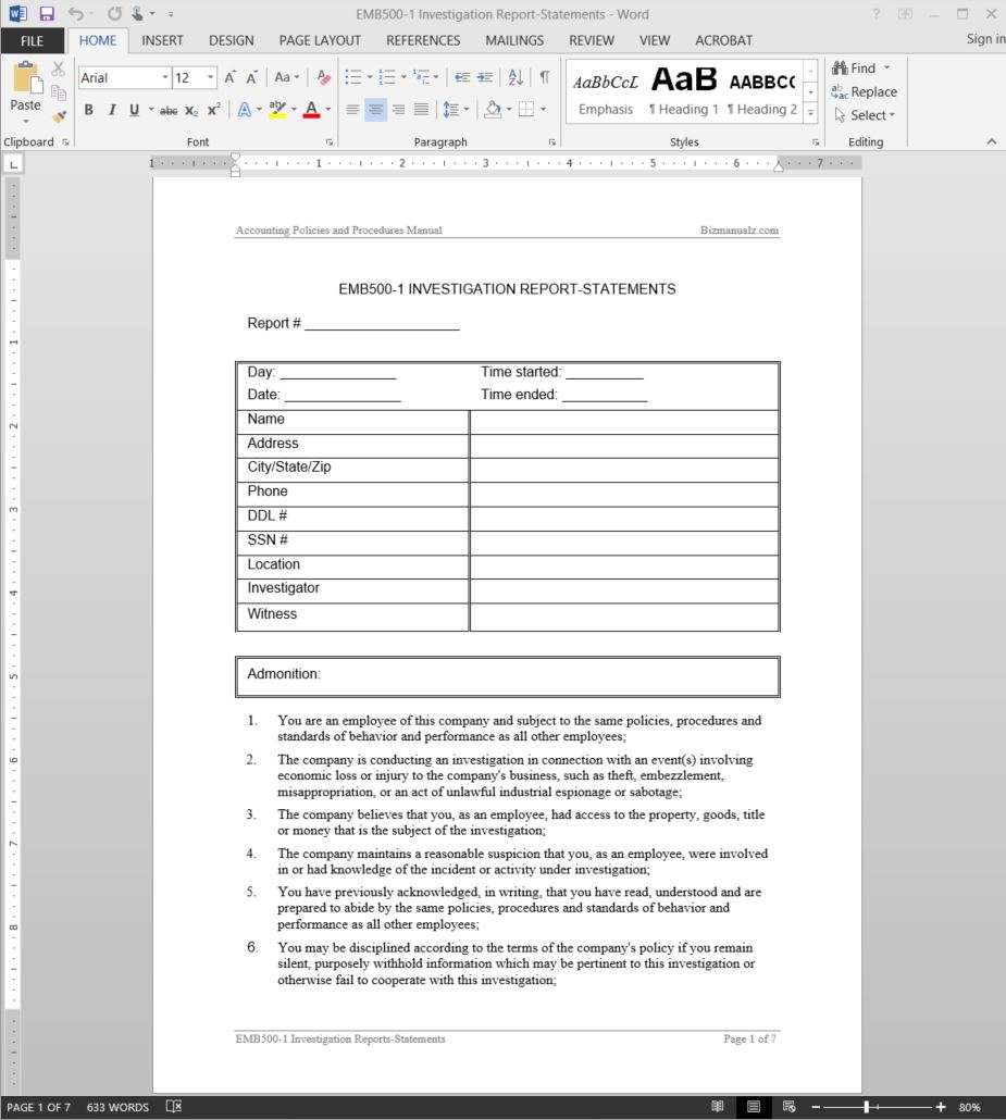 Investigation Report Template  EMB155-15