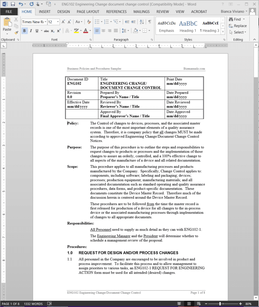 Engineering Change Document Change Control Procedure  ENG24 Within Procedure Manual Template Word Free