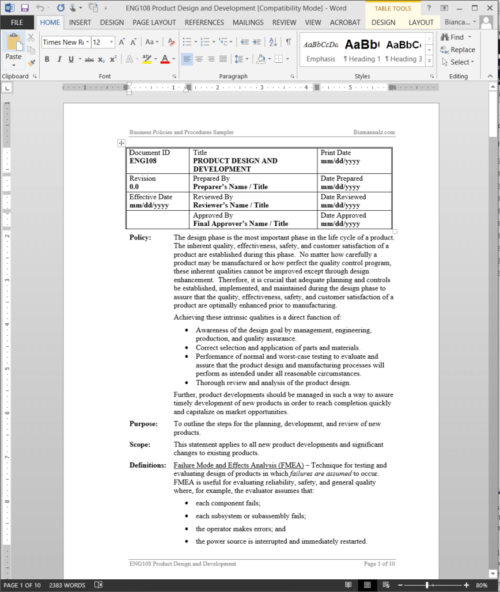 Design Development Format Practical Example Product Design Development Procedure Template Word