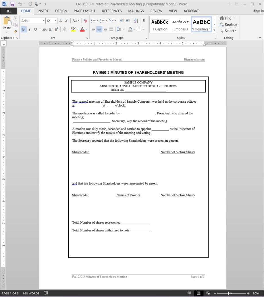 Shareholders Meeting Minutes Template  FA21-21 In Corporate Meeting Minutes Template