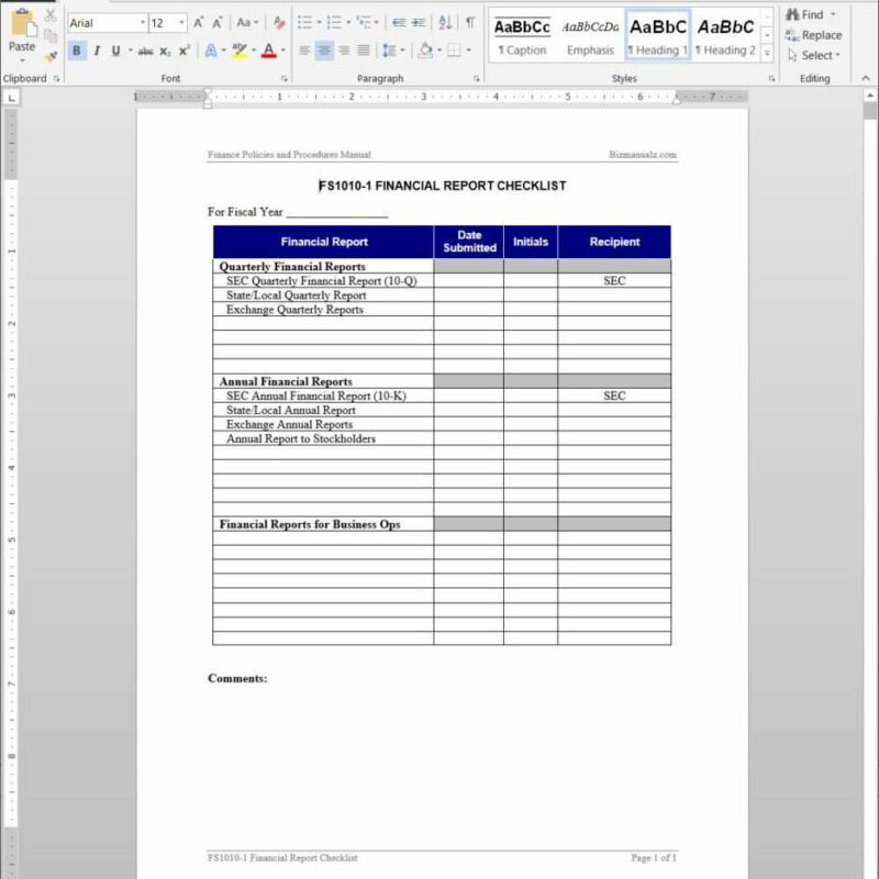 Financial Report Checklist Template FS1010-1