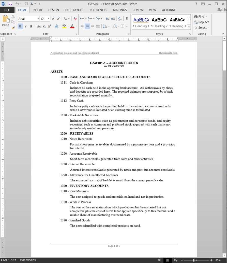 General Ledger Chart Of Accounts Sample