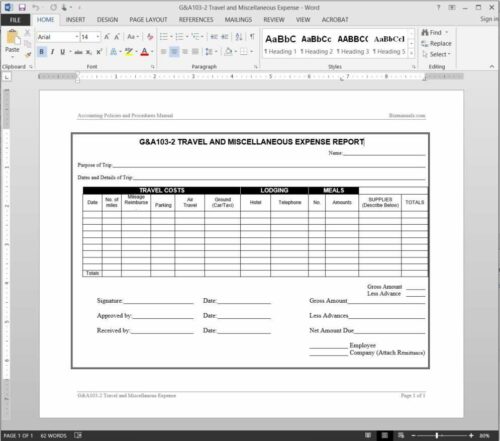 Travel Miscellaneous Expense Report Template