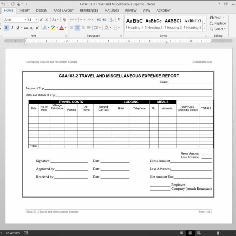 Travel Miscellaneous Expense Report Template