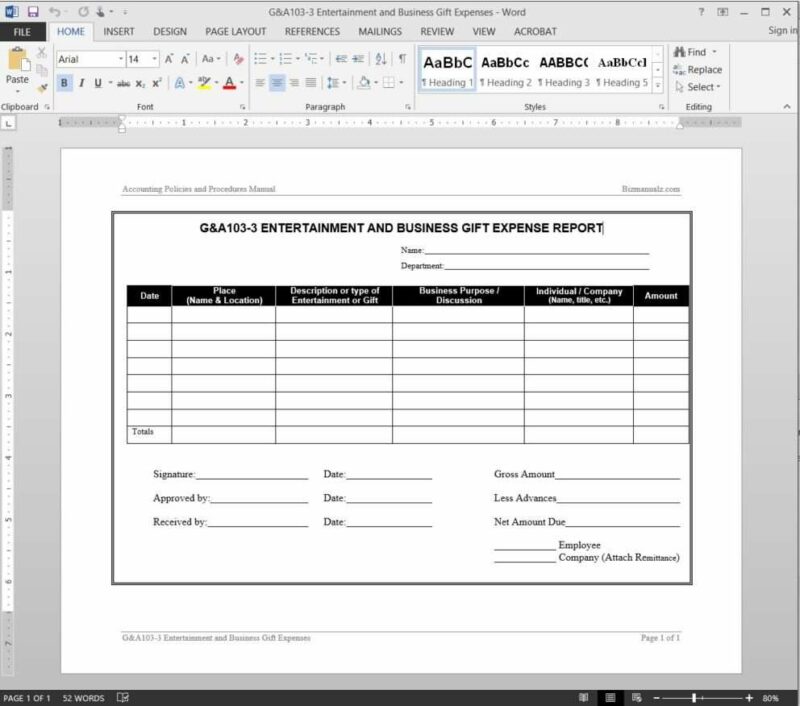 Entertainment Business Expenses Report Template