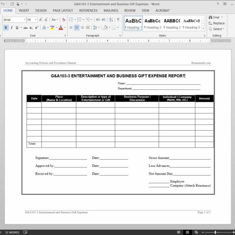 Entertainment Business Expenses Report Template