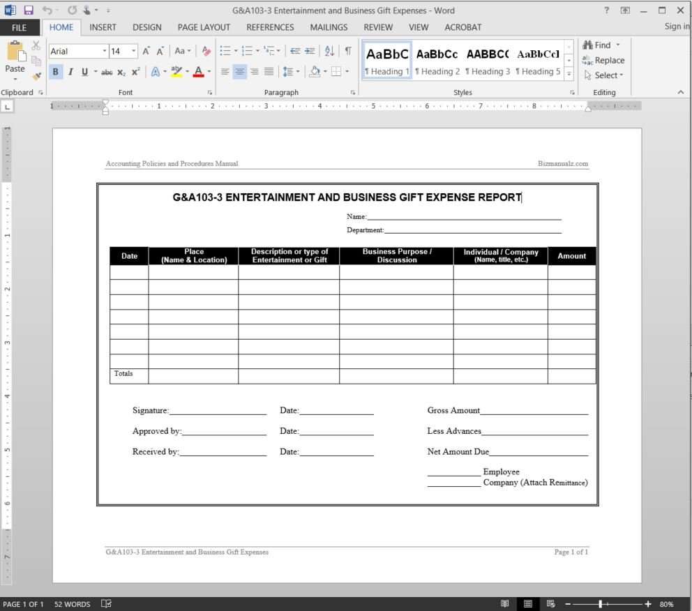 Entertainment Business Gift Expenses Report Template