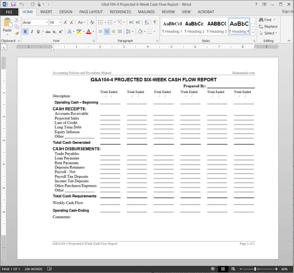 Projected 20-Week Cash Flow Report Template  G&A20-20 Intended For Cash Position Report Template