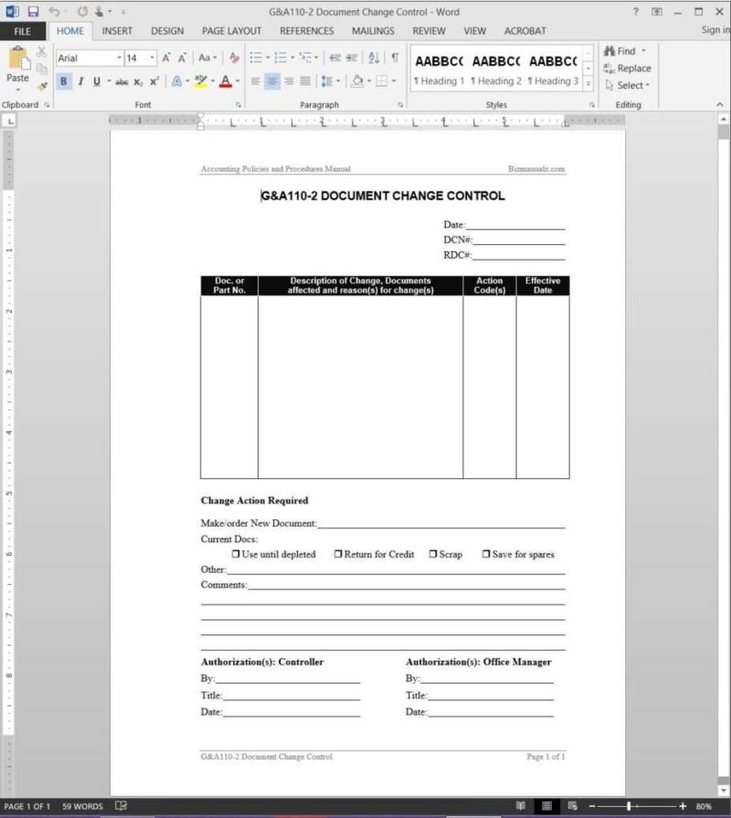 Document Change Control Report Template