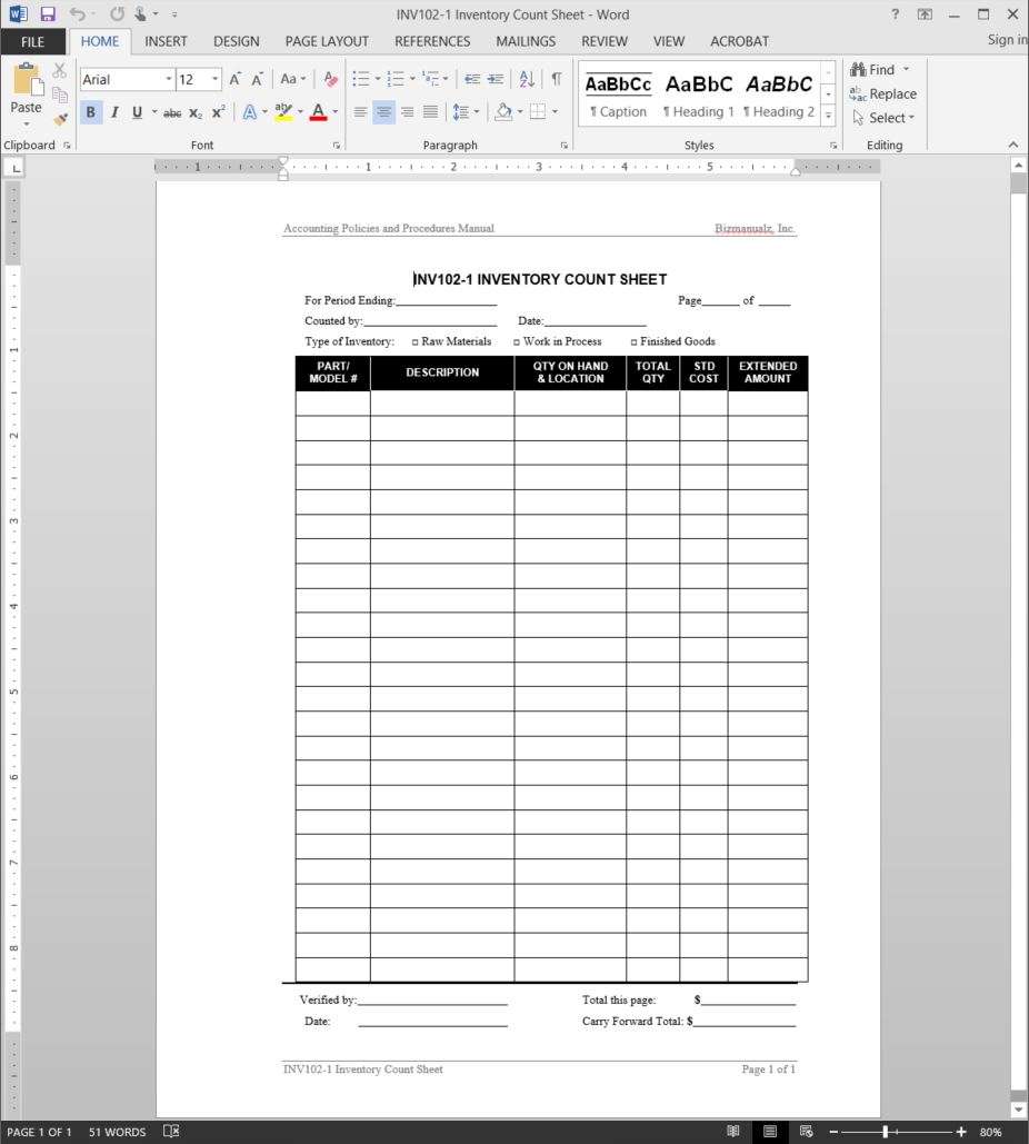 Inventory Count Accounting Worksheet Template  INV221-21 In Business Process Inventory Template