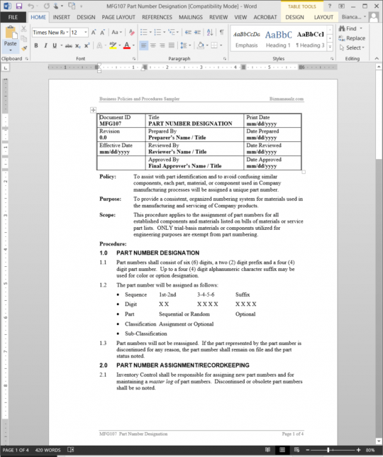 Part Number Development Status Example Part Number Designation Procedure Template Word