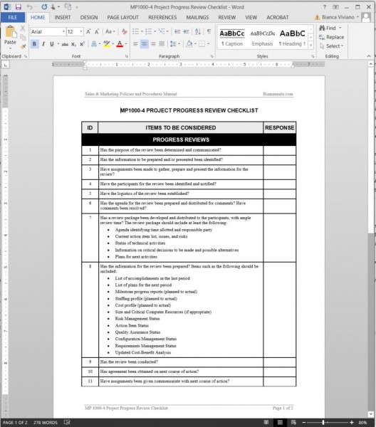 Project Progress Review Checklist Template Word