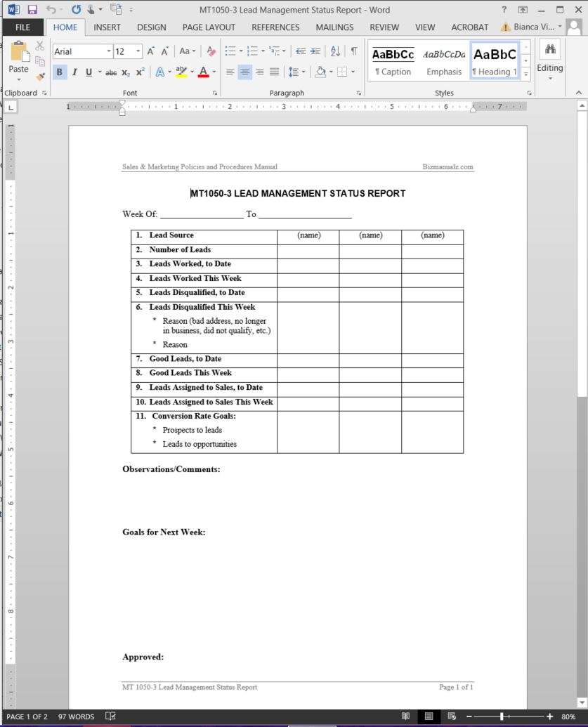 Lead Management Status Report Template  MT20-20 Inside Sales Lead Report Template