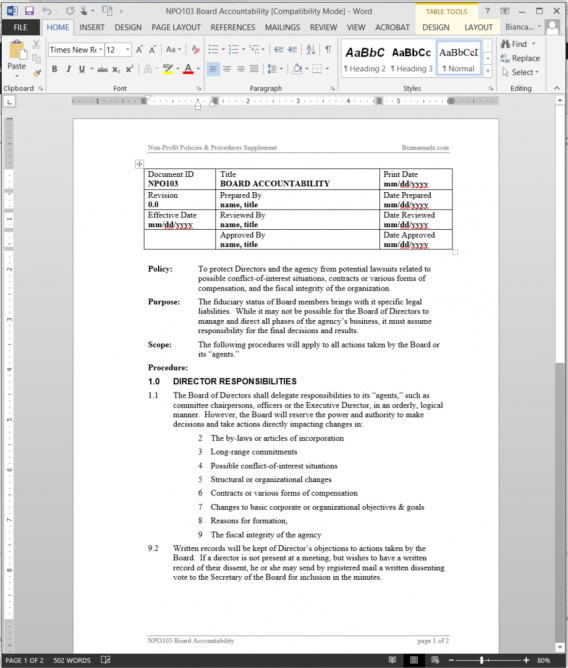 Board Accountability Procedure Template Word