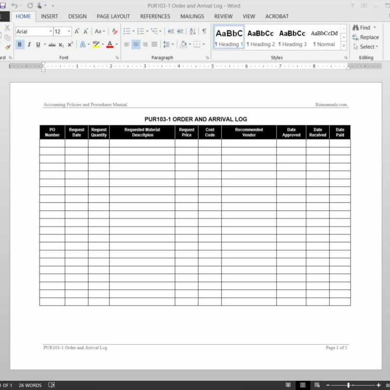 Purchase Order Arrival Log Template