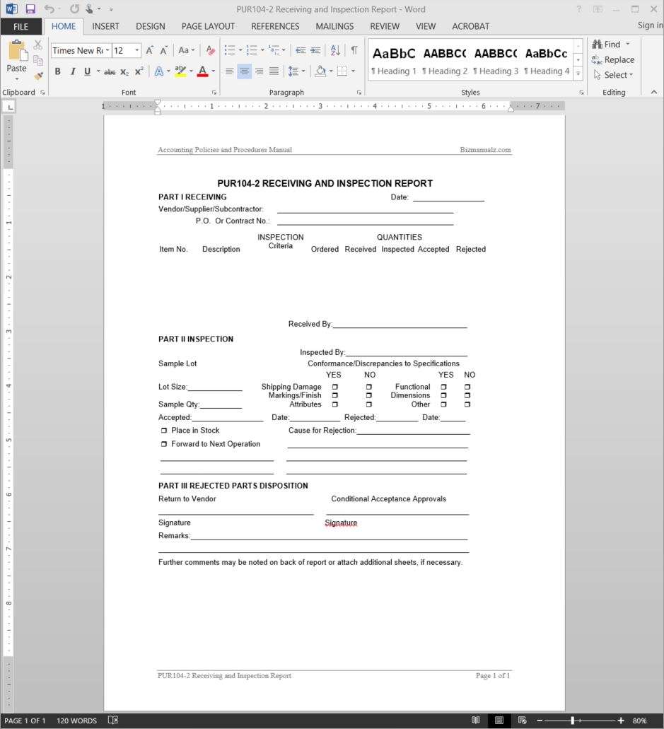 Receiving Inspection Report Template  PUR200-20 Within Part Inspection Report Template