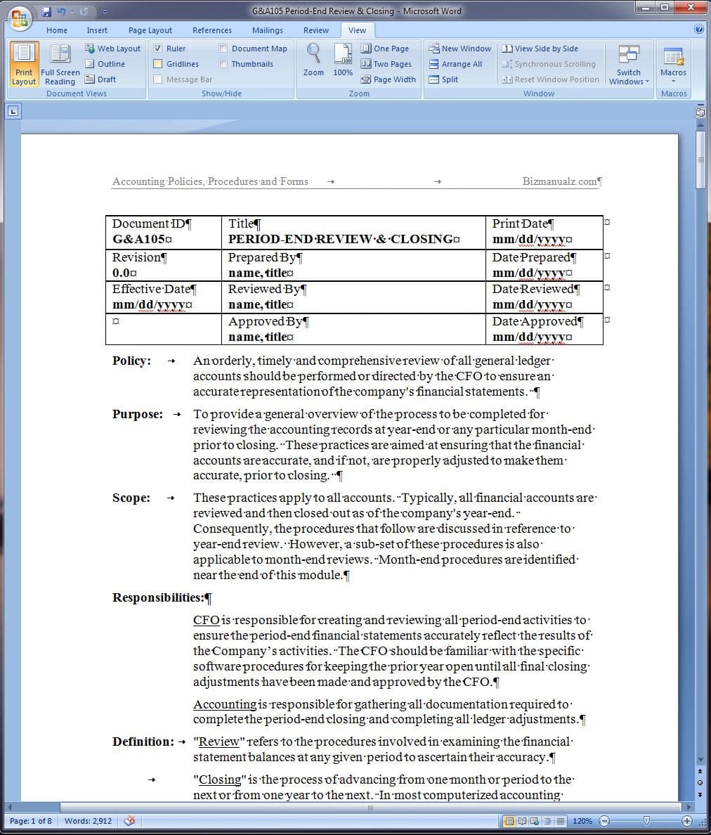 Period End Review and Closing Policy and Procedure Word Template In Free Standard Operating Procedure Template Word 2010