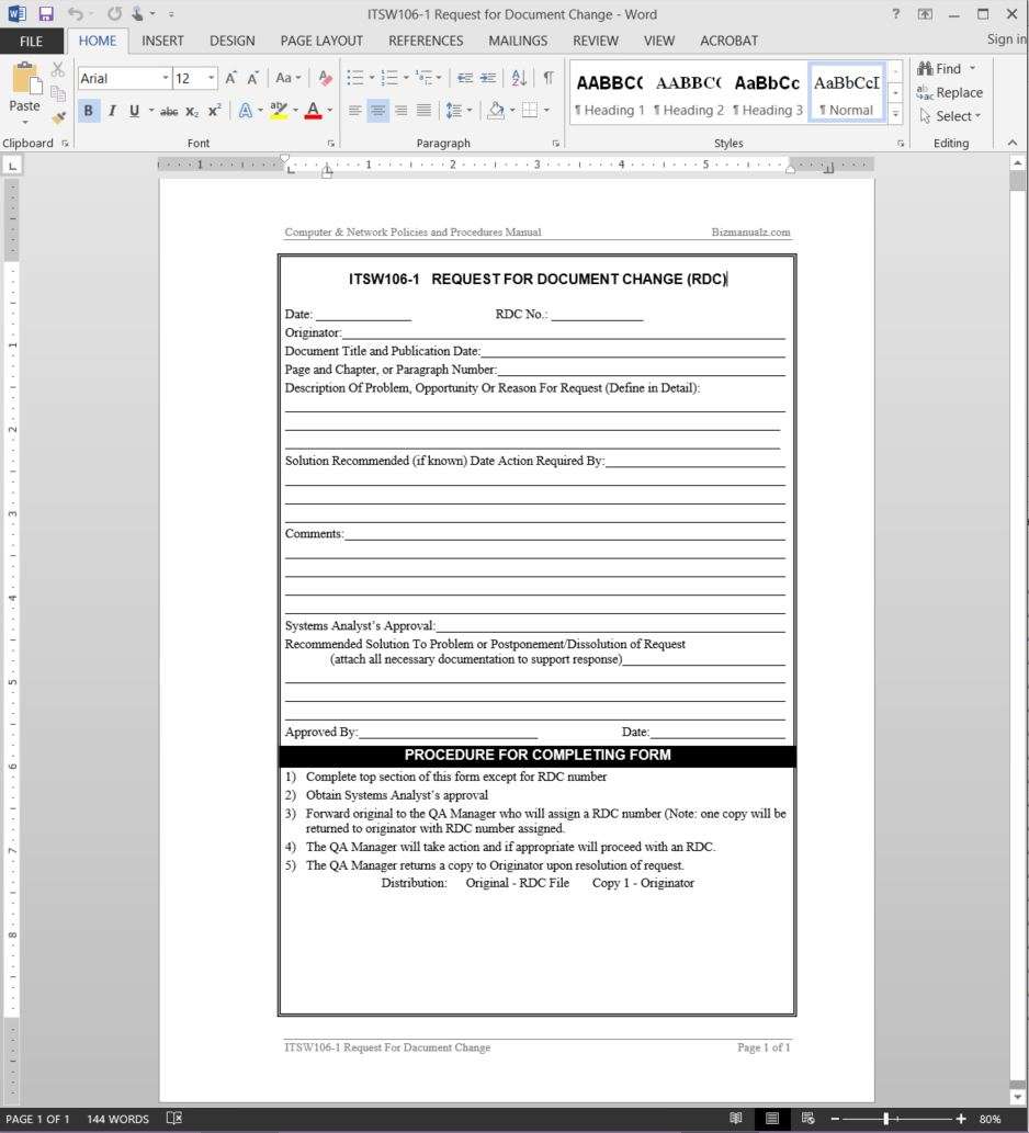 | Software Request Change Template Document ITSW106-1 Change | Request ITSW106-1 Software Document Template