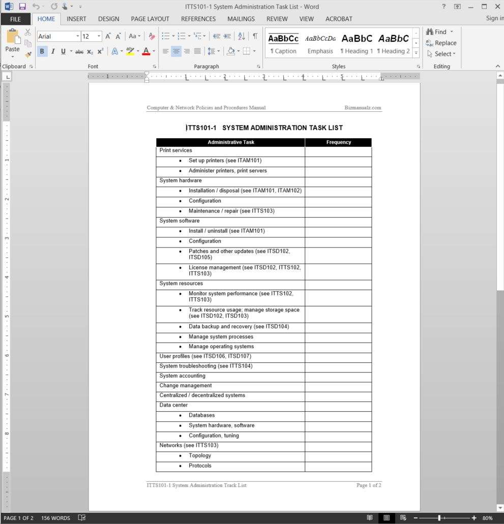 System Administration Task List Template