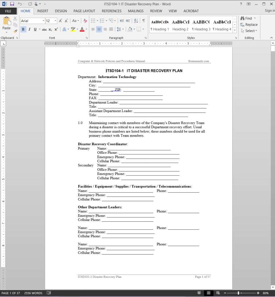 Disaster Recovery Service Level Agreement Template
