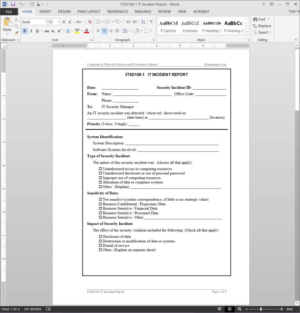 IT Incident Report Template  ITSD22-22 With Incident Report Template Microsoft