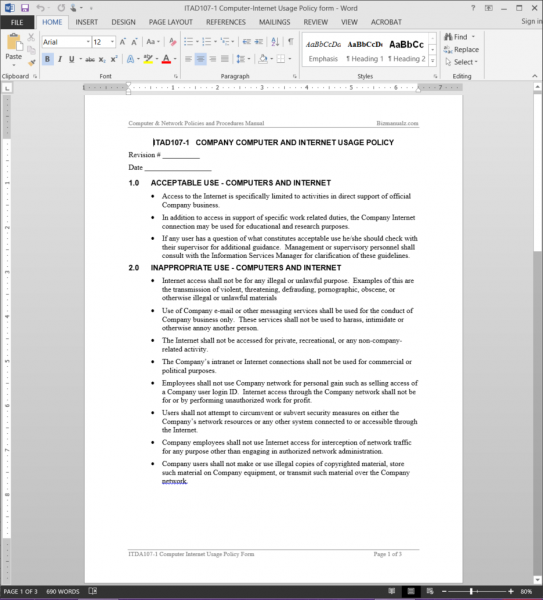 Computer-Internet Usage Policy Acknowledgement Template Word