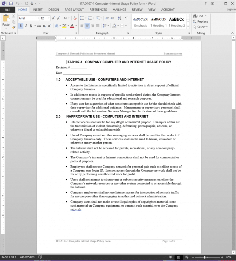 Computer-Internet Usage Policy Acknowledgement Template Word