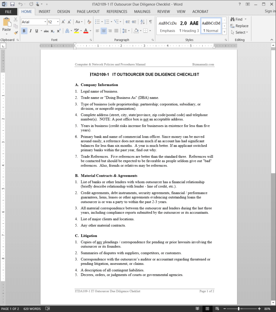 IT Outsource Due Diligence Checklist Template