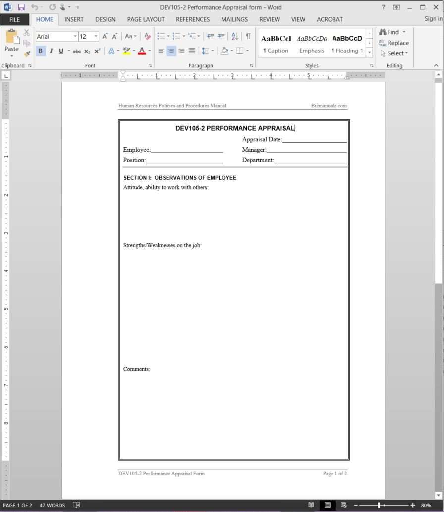 Performance Appraisal Employee Review Template Word