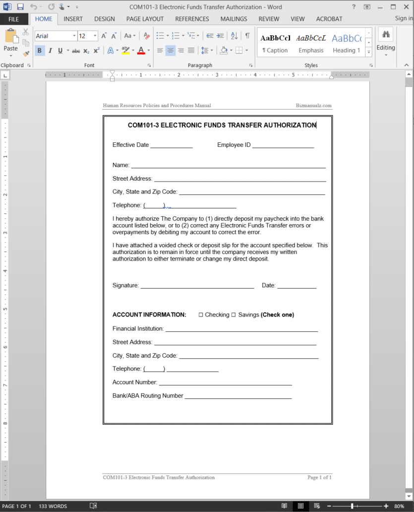 electronic funds transfer authorization form