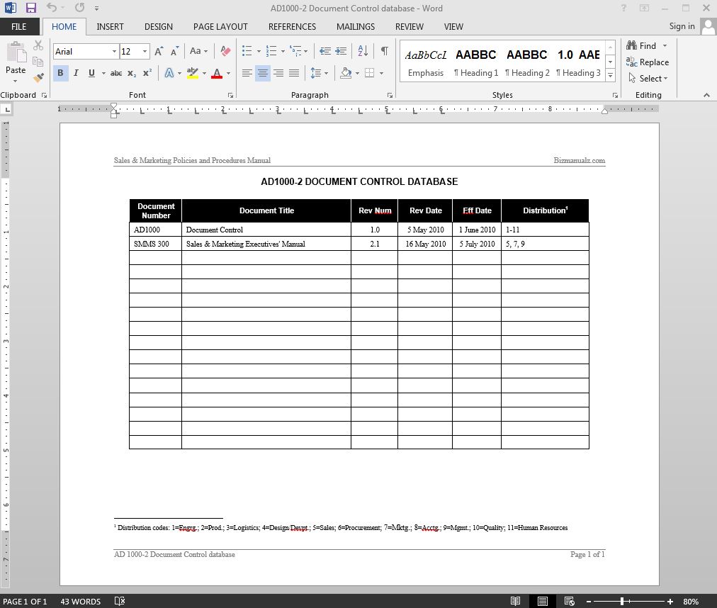 Document Control Template Word