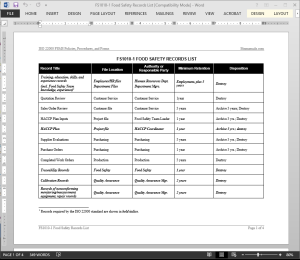 FSMS Food Safety Records List Template