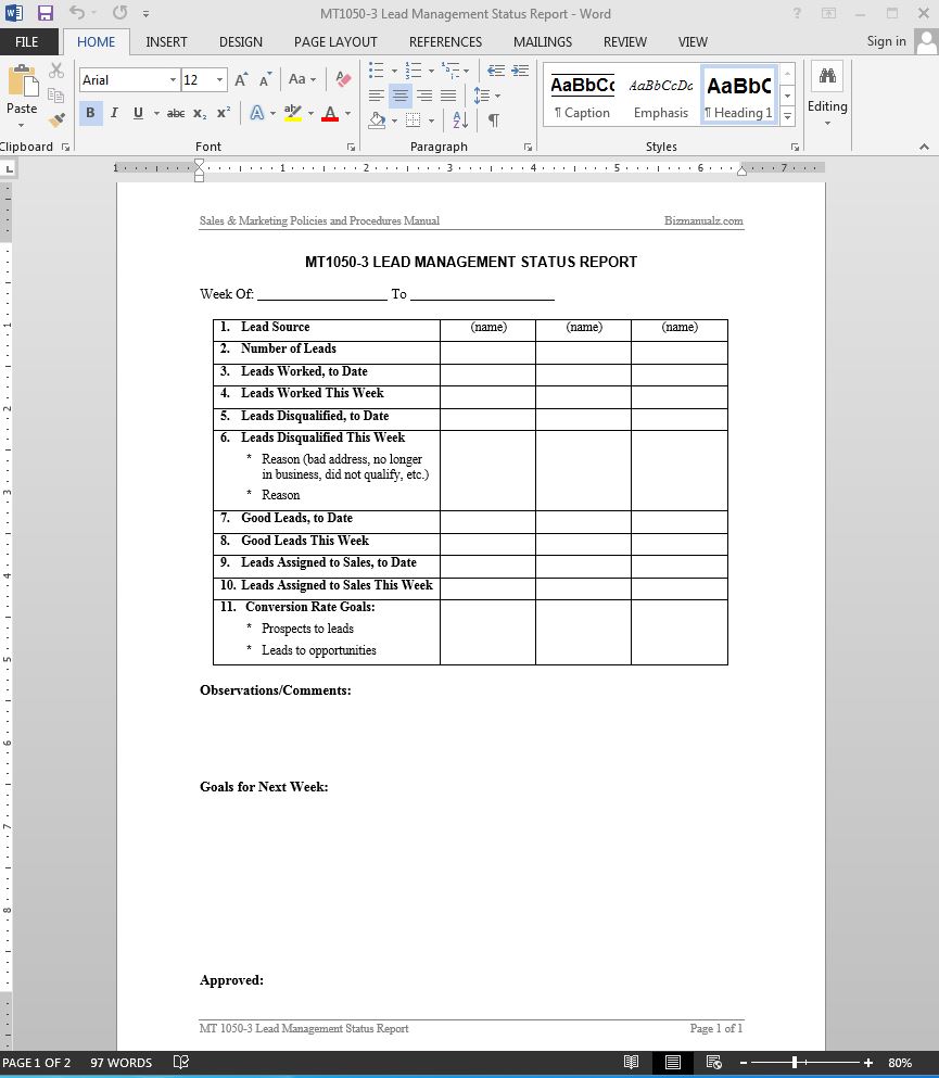 Lead Management Status Report Template  MT20-20 In Sales Lead Report Template