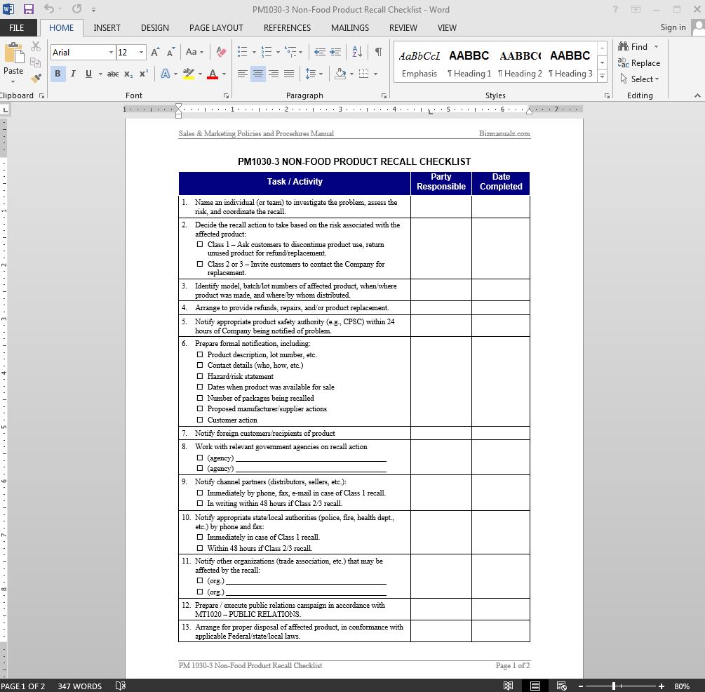 Fine Product Recall Procedure Template Contemporary 