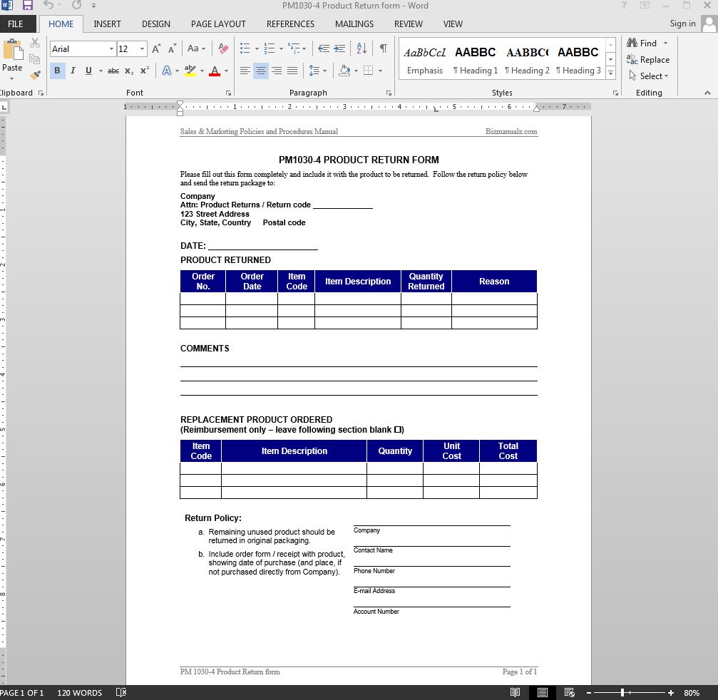 Product Return Form Template from www.bizmanualz.com