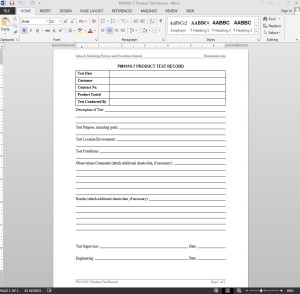 Product Test Record Template