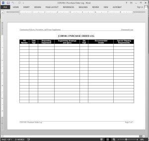 Project Purchase Order Log Template