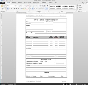 Return Materials Authorization ISO Template
