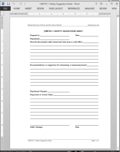 Safety Suggestion Worksheet Template