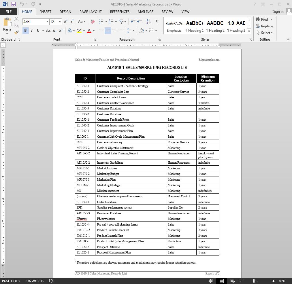 Sales Marketing Records List Template