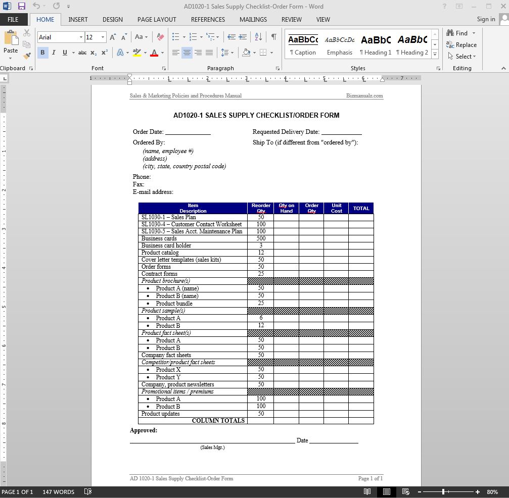 Sales Supply Checklist Order Template