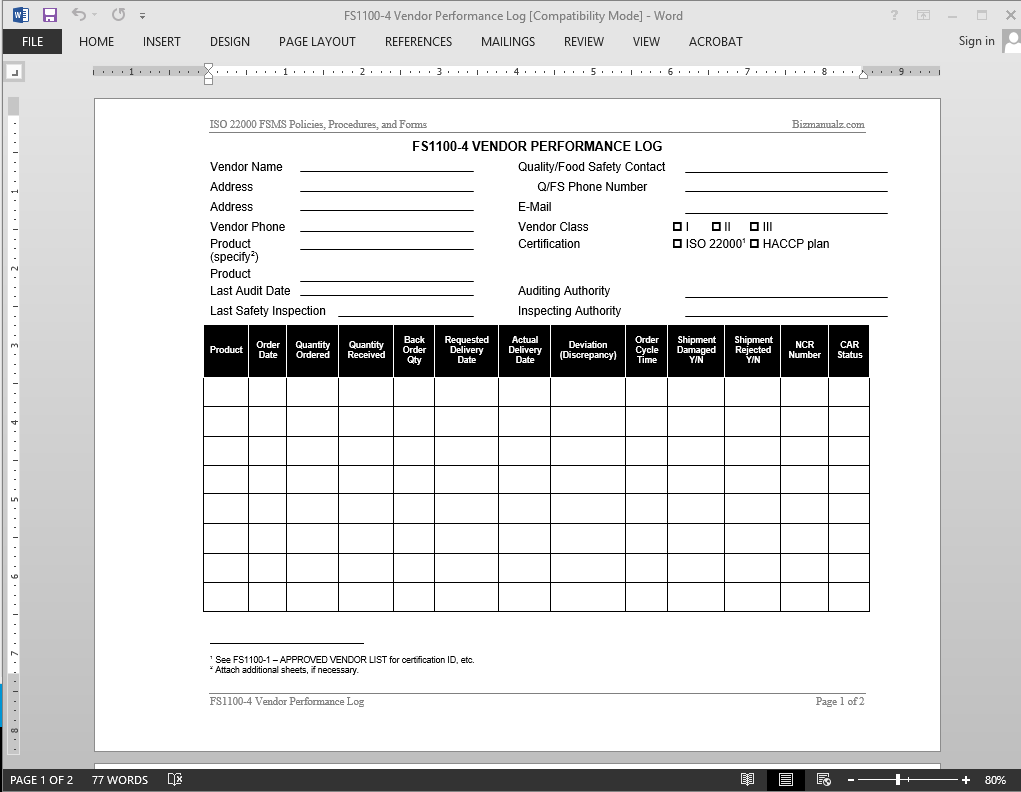 Sample Vendor Performance Evaluation Form