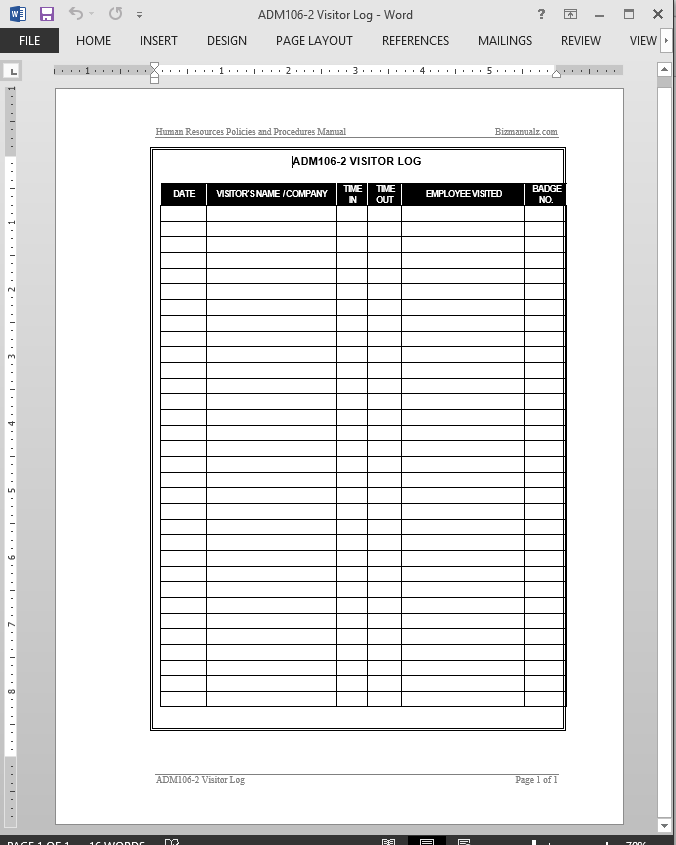 Visitor Sign In Sheet - Free Printable